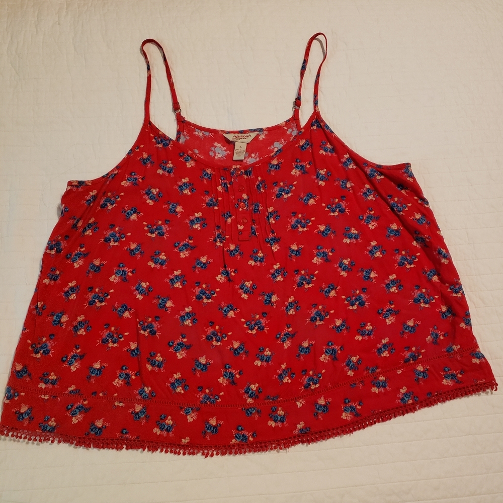 Floral Red Sleeveless Tank Top With Lace Trim